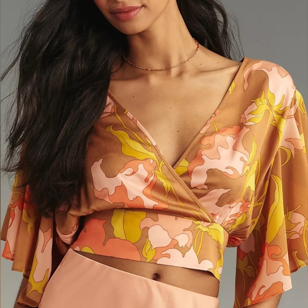 Anthro TINY Olympia Floral Faux Wrap Crop Top S Boho Flutter Sleeve